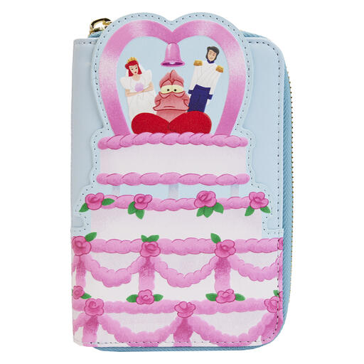 Blue and pink wallet featuring Ariel and Eric's wedding cake with Sebastian at the top hugging the cake toppers in the form of Ariel and Eric.